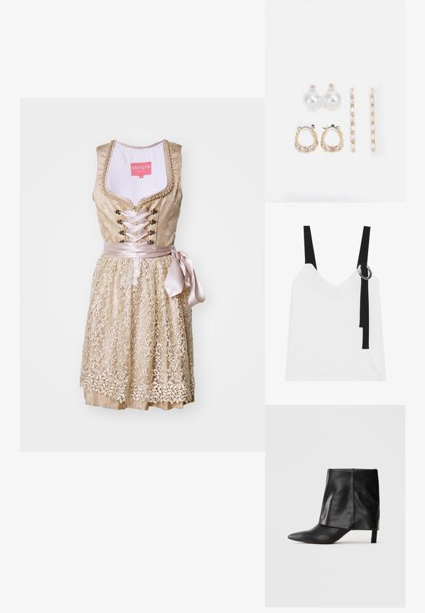 Lace-trimmed dress in light gold with a fitted bodice, satin ribbon tie at the waist, and floral details along the skirt.; White sleeveless top with a V-neck, featuring black straps and a silver ring detail. Smooth fabric and a modern, minimalist design.; Black leather mid-calf boot with pointed toe, folded upper shaft, and slender low heel standing on white background.; Three pairs of earrings: large white pearl studs, gold hoops with clear gemstones, and two long, straight gold accent earrings with sparkly details.