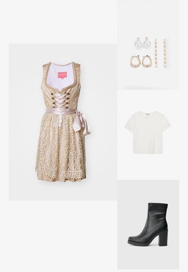 Haljina s čipkastim rubom u svijetložutoj boji, sa pripijenim dijelom tijela, satenskom vrpcom oko struka i cvjetnim detaljima duž suknje.; Bijela kratkodlaka majica od mekog pamuka. Ima okrugli izrez i opušteni kroj. Čist dizajn bez vidljivih uzoraka ili akcenata.; Crne kožne gležnjače s visokim blok petama, glatke teksture, uskog dizajna i sa šivenim detaljima na vrhu.; Tri para naušnica: velike bijele biserne naušnice, zlatne kružne naušnice s prozirnim draguljima i dva duga, ravna zlatna naglasna naušnica s sjajnim detaljima.