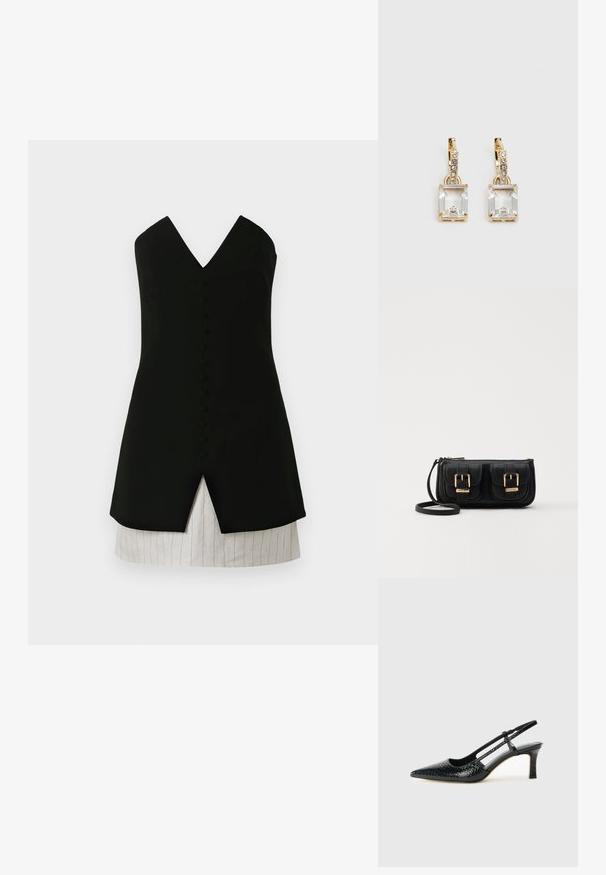 Robe noire sans manches avec décolleté en V, présentant un devant à boutons, des découpes et un tissu léger à rayures superposées en bas.; Escarpin slingback en vernis noir avec un bout pointu, présentant un imprimé serpent texturé, une sangle réglable et un petit talon bloc texturé.; Sac en cuir noir porté en travers avec deux poches avant, boucles dorées, fermeture zippée et une sangle fine. Surface texturée et forme rectangulaire compacte.; Boucles d'oreilles en or lumineux avec un cristal rectangulaire transparent pendent sous une rangée de petits accents ronds transparents. Design élégant et moderne.