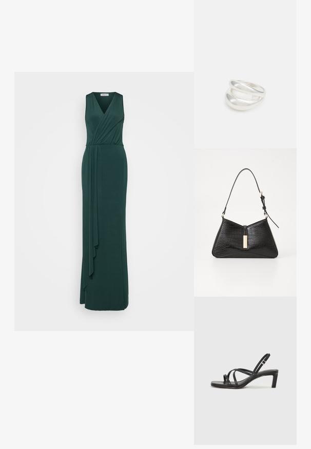 Duga zelena haljina od mekog materijala, s V-izrezom, bez rukava, i drapiranim detaljem sa strane koji dodaje teksturu i fluidnost.; Crne sandale s trakama, kvadratnim prstom i niskom blok petom. Ima više tankih trakica i podesivu trakicu oko gležnja. Izrađene su od glatke kože.; Crna torbica od faux krokodilne kože, s trokutastim oblikom, tankim remenom za rame i zlatnim detaljem u središtu.; Srebrna dvostruka prsten s glatkom, poliranom površinom. Karakterizira ga fluidan, zakrivljen dizajn s preklapajućim sekcijama za moderan izgled.