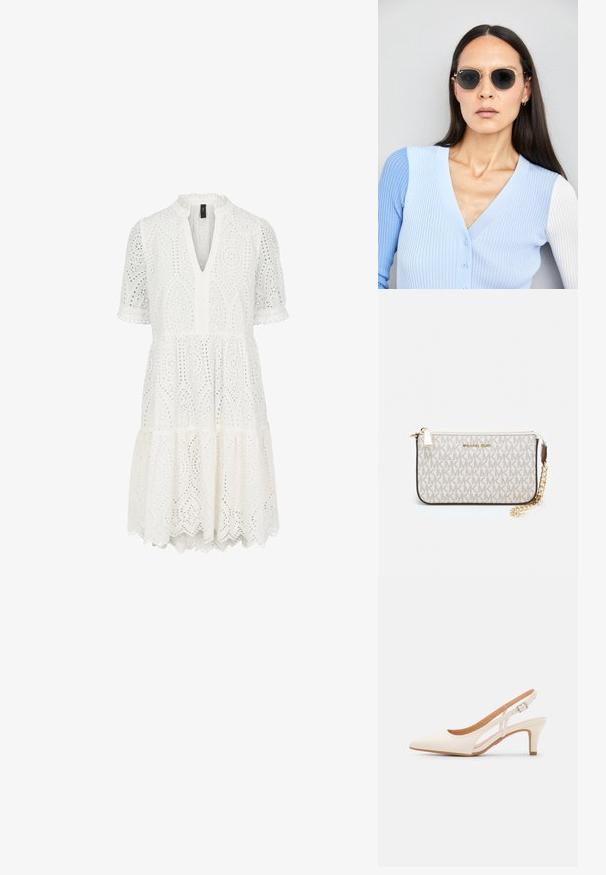 Rochie albă din broderie cu guler în V, mâneci scurte tip balon și tiv stratificat. Modelele delicate și marginile ondulate adaugă textură.; Sandaie cu toc alb, cu vârful ascuțit, material superior neted, toc mic tip bloc și design cu decupaj lateral, cu curea ajustabilă.; Ochelari de soare rotunzi cu lentile întunecate și rame aurii. Modelul poartă un cardigan ribbed de culoare albastru deschis cu nasturi și mâneci albe în contrast.; Clutch Michael Kors din canva acoperit bej, cu un model repetitiv al logo-ului MK, accesorii din aur și o curea cu lanț detașabil.