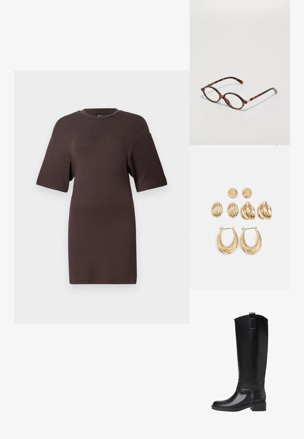 Brązowa, oversize sukienka-t-shirt z krótkimi rękawami, okrągłym dekoltem i miękką teksturą materiału, charakteryzująca się luźnym krojem i minimalistycznym designem.; Czarne kozaki do kolan wykonane z gładkiego materiału syntetycznego. Posiadają okrągły czubek, niski blokowy obcas oraz pionowe przeszycia.; Okulary w kształcie owalnym w kolorze tortoishell, z przezroczystymi soczewkami i złotymi akcentami. Posiadają wygięte zauszniki oraz gładkie, błyszczące wykończenie.; Zestaw kolczyków w odcieniu złota składający się z trzech par: teksturowane owalne kolczyki, kolczyki o falistym wzorze i dużych kolczyków w formie kół z nałożonymi żłobieniami.