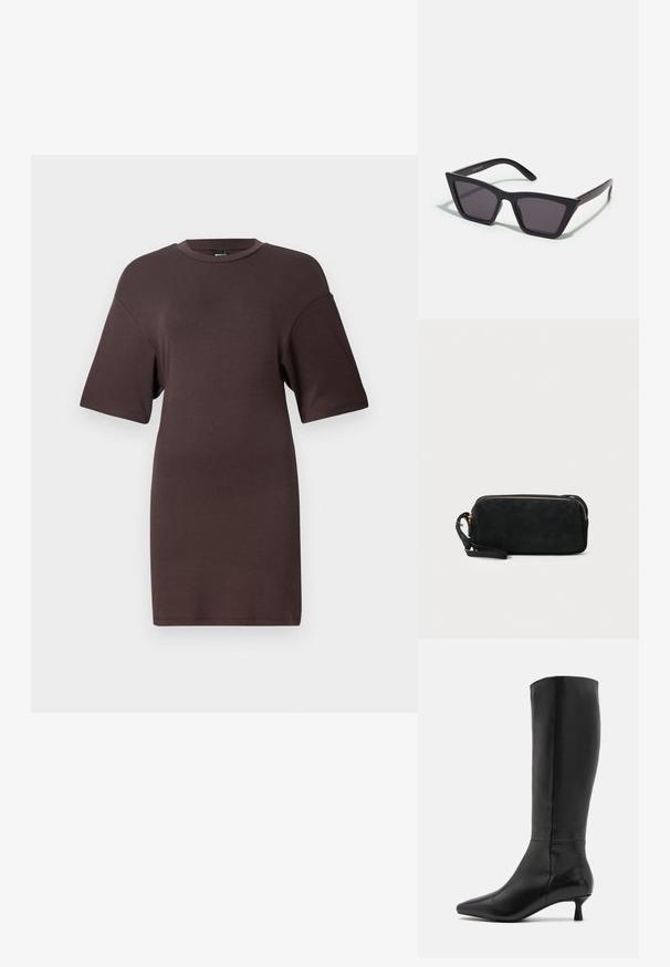 Pruun ülikoops t-särk, lühikeste varrukatega, ümmarguse kaelusega ja pehme kangastekstuuri, millel on mugav istuvus ja minimalistlik disain.; Zign Saapad - black; Mustad mustrakellad, millel on hallid šabloonid; valmistatud plastist, paksude ja siledate kätega, ilma nähtava riistvarata.; Mustan sametist käsipakiga kotike, millel on tõmblukuga sulgemine ja eemaldatav randme rihm. Omab kuldse tooni riistu ja sileda, mati tekstuuri.