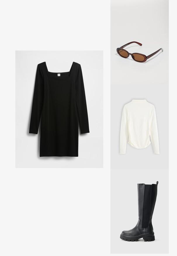 Fekete, hosszú ujjú ruha, négyzet alakú nyakkivágással, sima anyagból készült, egyenes vonalvezetésű és minimalista dizájnnal, díszítések nélkül.; Hosszú ujjú felső krém színű anyagból, enyhe redőzéssel az oldalakon és klasszikus gallérral. Sima textúra, egyszerű kialakítás.; Fekete, térdig érő csizmák, sima bőr felsőrésszel és kontrasztos elasztikus oldalsó panelekkel. Vastag gumitalp, kiemelkedő mintázattal.; Kerek, barna árnyalatú napszemüveg fényes burgundi kerettel. Karcsú karok diszkrét márkázással. Lapos lencse kialakítás.; Szövetelt bordó bőr kézi táska, kerekded formával, vastag fogantyúval és cipzáras nyitással. Simaságot és összefonódott mintázatot mutat.