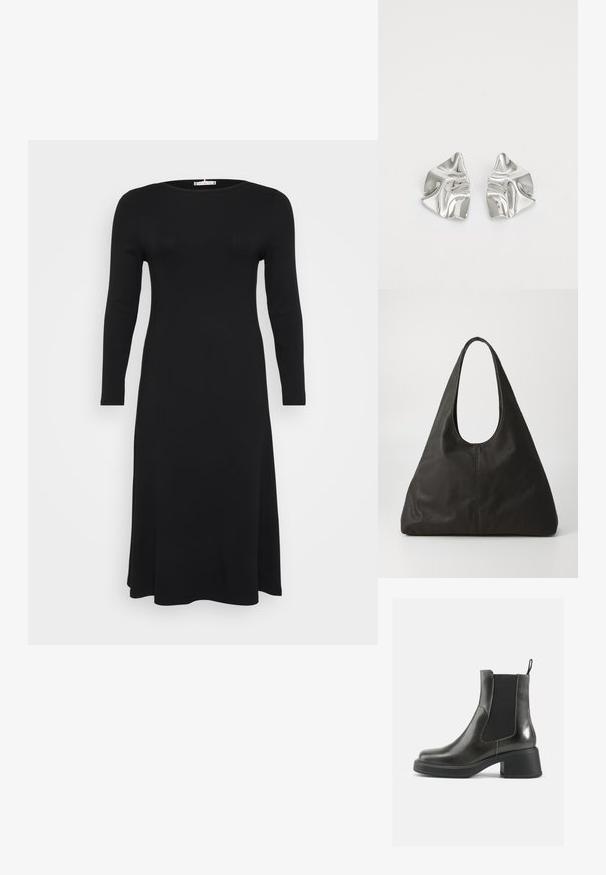 Čierne dlhé rukávy, rebrované šaty s okrúhlym výstrihom, splývavá silueta, vystavené na jednoduchom bielom pozadí.; Čierne kožené členkové čižmy s hladkým povrchom, elastickými bočnými panelmi a masívnym opätkom. Obsahujú úchyt na jednoduchšie obúvanie.; Čierna kožená taška s okrúhlym uchom, predĺženým trojuholníkovým tvarom a hladkým povrchom. Má minimalistický dizajn bez viditeľného kovania.; Strieborné kovové náušnice s vlnitým, sochárskym dizajnom, s lešteným povrchom a nepravidelnými tvarmi, ktoré zvýrazňujú súčasnú estetiku.