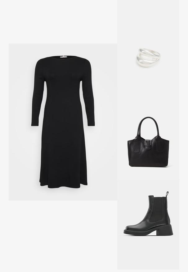 Rochie neagră, cu mâneci lungi, dintr-un material cu striații, cu decolteu rotund, având o siluetă fluidă, expusă pe un fundal alb simplu.; Botine negre din piele, cu panouri elastice pe laterale, vârf rotund și toc gros. Textură netedă cu un design minimalist.; Geantă tote din piele neagră cu textură netedă, formă structurată, două mânere și un detaliu proeminent din aliaj de argint pe partea din față.; Inel din argint cu două benzi, având o suprafață netedă și lustruită. Prezintă un design fluid, curbat, cu secțiuni suprapuse pentru un aspect modern.