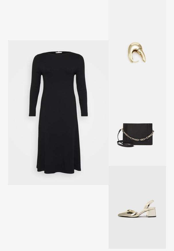 Schwarzes, langärmliges, geripptes Kleid mit Rundhalsausschnitt und fließender Silhouette, präsentiert vor einem schlichten weißen Hintergrund.; Goldene, metallische Slingback-Absätze mit spitzem Zeh und dicker Ferse. Glatte Textur, minimalistisches Design und ein schmaler Riemen.; Schwarze Leder-Crossbody-Tasche mit glatter Textur, rechteckiger Form und metallic-kettendetail auf der Vorderseite. Verstellbarer Gurt inklusive.; Ohrringe aus goldfarbenem Metall mit einem schlanken, geschwungenen Design. Sie verfügen über eine markante, spitze Form, eine polierte Oberfläche und einen Scharnierverschluss.