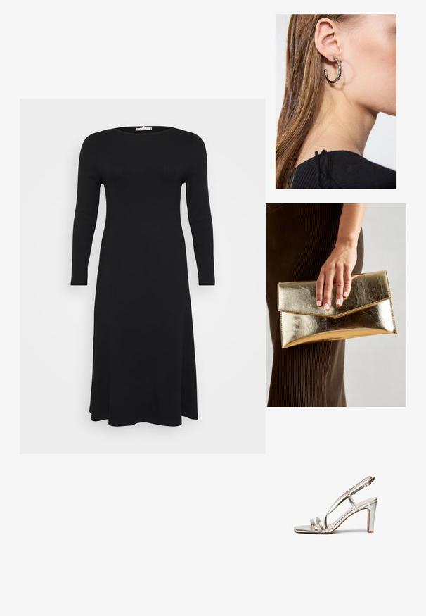 Black, long-sleeved, ribbed dress with a round neckline, flowing silhouette, displayed against a plain white background.; Metallic silver high-heel sandal with an open toe, featuring three thin straps across the foot and an ankle strap with a buckle.; Gold metallic clutch bag with a smooth texture, featuring a triangular flap closure. The hand holding it has neatly manicured nails.; Silver hoop earring with a polished finish, featuring small gold accent details and a round shape, worn on the lobe.