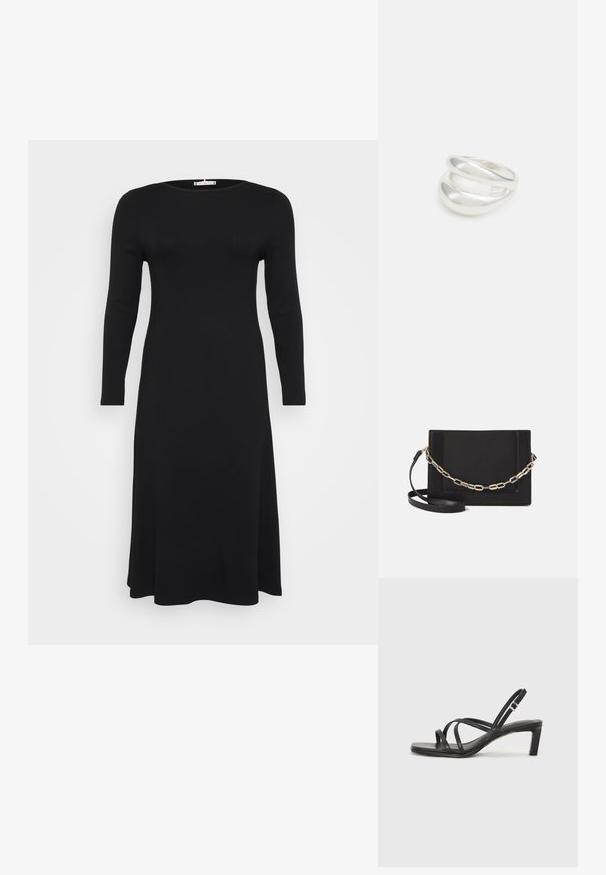 Crna haljina dugih rukava s rebrastim uzorkom i okruglim izrezom, lepršavog kroja, prikazana na jednobojnoj bijeloj pozadini.; Crne sandale s trakama, kvadratnim prstom i niskom blok petom. Ima više tankih trakica i podesivu trakicu oko gležnja. Izrađene su od glatke kože.; Crna kožna torba preko tijela s glatkom teksturom, pravokutnim oblikom i metalnim lancem na prednjoj strani. Uključena je podesiva naramenica.; Srebrna dvostruka prsten s glatkom, poliranom površinom. Karakterizira ga fluidan, zakrivljen dizajn s preklapajućim sekcijama za moderan izgled.
