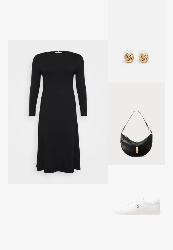 Czarna, długosleeve'owa, prążkowana sukienka z okrągłym dekoltem, o luźnym kroju, wyeksponowana na jednolitym białym tle.; Białe skórzane sneakersy, niskoprofilowy design, charakteryzujące się gładką fakturą, okrągłym noskiem, sznurowanym przodem i małym haftowanym logo z boku.; Czarna skórzana torebka w kształcie półksiężyca. Ma złote akcenty i wąski pasek. Gładka tekstura, zamek błyskawiczny na górze.; Złote kolczyki w kształcie węzła z twisted design. Każdy kolczyk posiada okrągłe, przezroczyste oparcie zapewniające pewność noszenia.