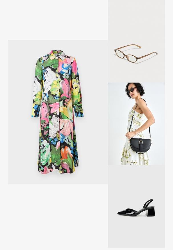 Kwiatowa sukienka z czarnym tłem, ozdobiona jasnoróżowymi, zielonymi, żółtymi i białymi kwiatami, z długimi rękawami i zapięciem na guziki z przodu.; Czarne lakierowane półbuty na obcasie z wydłużonym noskiem i geometrycznym słupkiem. Charakteryzują się eleganckim, minimalistycznym designem oraz gładką fakturą.; Brązowe okulary w motyle z owalnymi soczewkami, cienkimi ramionami i przezroczystymi akcentami. Posiadają subtelne logo na zauszniku. Smukły, lekki design.; Czarna skórzana torebka o zakrzywionym kształcie, z odpinanym paskiem i złotymi akcentami. Torebka posiada klapę z zapięciem w kształcie klamry.