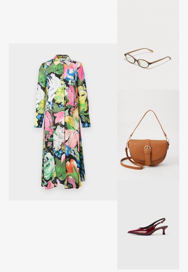 Ziedu kleita ar melnu fona, uz kura ir spilgti rozā, zaļi, dzeltēni un balti ziedi, garām piedurknēm un pogājamā priekšdaļā.; Burgundijas lakota ādas sandales ar smailu pirkstu un elegantu stiletto papēdi. Atvērta papēža dizains ar regulējamu potītes siksniņu.; Brūnas bruņurupuču čuguna brilles ar ovālām lēcām, plānām kājām un caurspīdīgām akcentiem. Uz tempļa ir smalka logo. Sleek, viegla konstrukcija.; Brūns ādas plecu soma ar izliekta formu, zelta piederumiem un sprādzes akcentu. Iesaiņota ar noņemamu plecu siksnu.