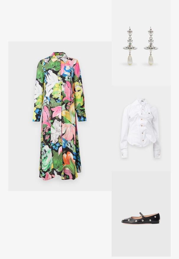 Gėlių suknelė su juodu fonu ir ryškiai rožinėmis, žaliomis, geltonomis bei baltomis gėlėmis, ilgomis rankovėmis ir mygtukais priekyje.; Balta ilgomis rankovėmis marškiniai su prigludusia išvaizda. Yra didelis apykaklė, priekinis užsegimas su rudais mygtukais ir mažas siuvinėtas logotipas.; Juodų odinių Mary Jane plokščių batų su apvaliu pirštu, papuoštų sidabriniais apvaliais nagais ir reguliuojamu dirželiu su sagtimi.; Sidabrinės auskarai su apvaliu žiedu, papuošti spindinčiomis akmenimis ir ašarėlės formos perlo pakabučiu. Išskirtinis dizainas su rafinuotais akcentais.