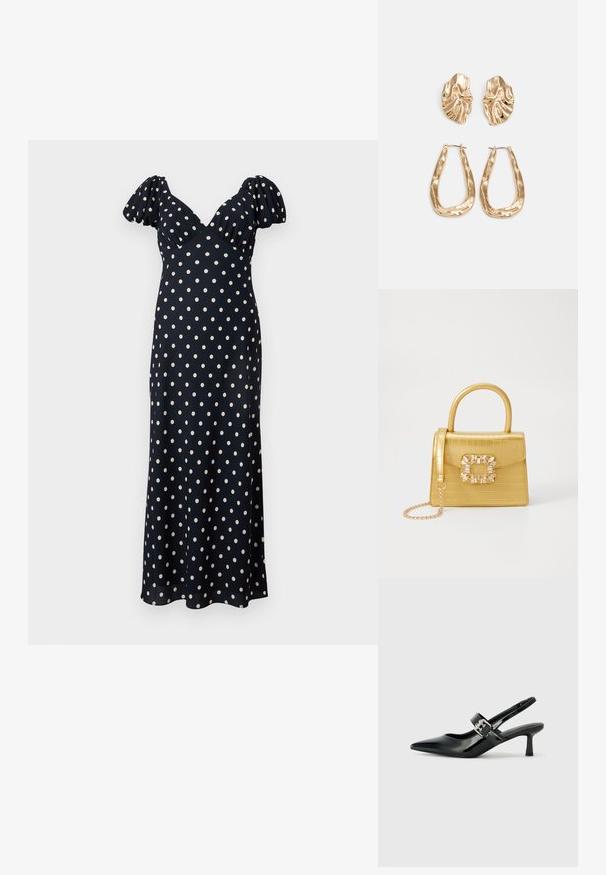 Navy blue dress with white polka dots. Features puff sleeves and a V-neck, made from a smooth fabric. Flared silhouette to ankle length.; Black patent leather slingback heels with a pointed toe and a small block heel, featuring a silver buckle accent on the strap.; Yellow faux-crocodile handbag with a structured design, top handle, detachable chain strap, and decorative crystal embellishment on the clasp.; Gold-tone earrings featuring textured, wavy shapes. Includes sculptural clip-on studs and open hoop design with a hammered finish.