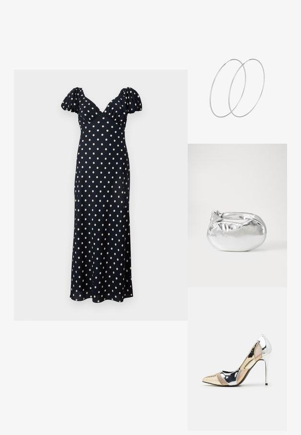 Námornícky modré šaty s bielymi bodkami. Majú nariadené rukávy a výstrih do V, vyrobené z hladkej látky. Rozšírený strih do dĺžky členkov.; Lodičky s špičatou špičkou v striebornom, zlatom a telovom farebnom prevedení. Lesklý povrch s výrezovým dizajnom, s ihlovým opätkom.; Strieborná metalická taška s mäkkým, zaobleným tvarom a uzáverom s uzlíkom. Vyrobená z hladkej syntetickej kože.; Strieborné kruhové náušnice s minimalistickým dizajnom. Cirkulárny tvar, hladký povrch a tenký profil. Ľahké s lesklým povrchom.