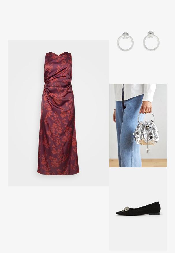 Burgunderfarvet satin kjole med v-udskæring og samlede detaljer, prydet med et blomstermønster i nuancer af rødt på fronten og en flydende silhuet.; Sorte suede flade sko med spids tå, prydet med en dekorativ sølvsløjfe på fronten, med en lav hæl.; Sølvfarvet glitrende bøttepose med et cirkulært metallisk håndtag; har snørret lukning og kæde accenter, sat mod lys denim og hvidt stof.; Sølvmetalløreringe med en børstet tekstur, der har et cirkulært design og en klar post til sikker bæring.