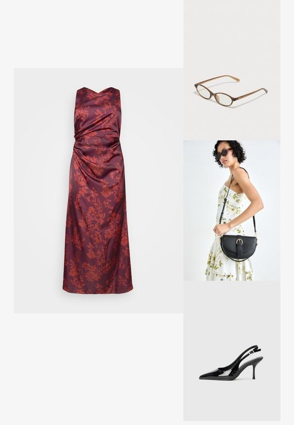 Burgunderfarget satengskjole med v-hals og innsamlet design, med et blomstermønster i nyanser av rødt på forsiden og flytende silhuett.; Sorte lakk pelle slingback pumpe med spiss tå og slank hæl. Har en justerbar spennestropp bak. Jevn tekstur.; Brune skjellbriller med ovale linser, tynne stenger og gjennomsiktige detaljer. Har en subtil logo på stangen. Elegant, lett design.; Svart lærveske med en buet form, avtagbar stropp og gullbeslag. Vesken har et klaff med spenne-detall.