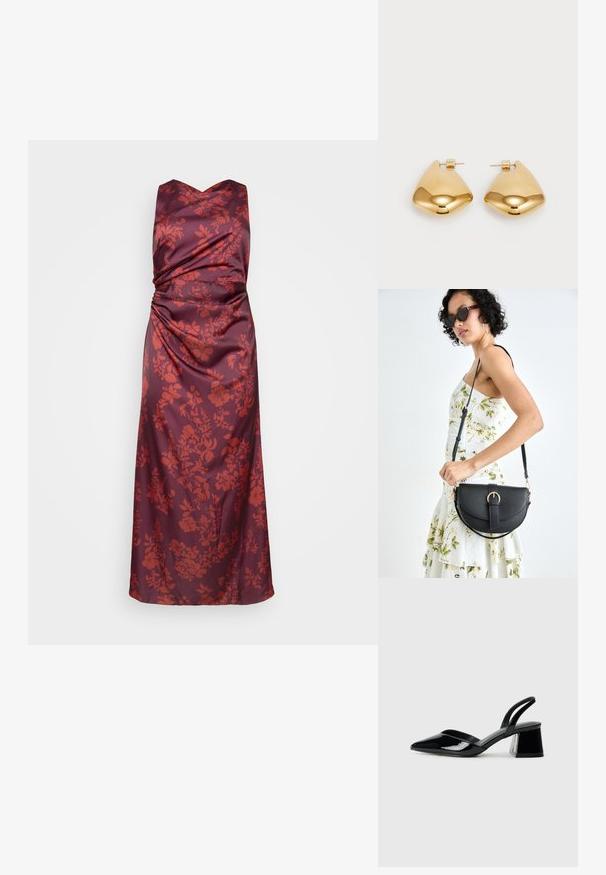 Burgundi värvi satiinkleit v-kaelusega ja kogutud disainiga, mille esipinnal on punastes toonides lillemuster ja voogav siluett.; Mustad musta lakknahk kingad, millel on terav varvas ja geomeetriline plokkkonts. Omab elegantselt minimalistlikku disaini ja sujuvat tekstuuri.; Mustmust mustraha kõverate joontega, eemaldatava rihmaga ja kuldsete detailidega. Kotil on klapp, millel on pandladetail.; Kuldtoon metall kõrvarõngad, millel on sile, ümar kolmnurkne kuju ja tagaküljel olev kinnitamine; peeglilaadne pinda, millel on minimaalne detailide hulk.