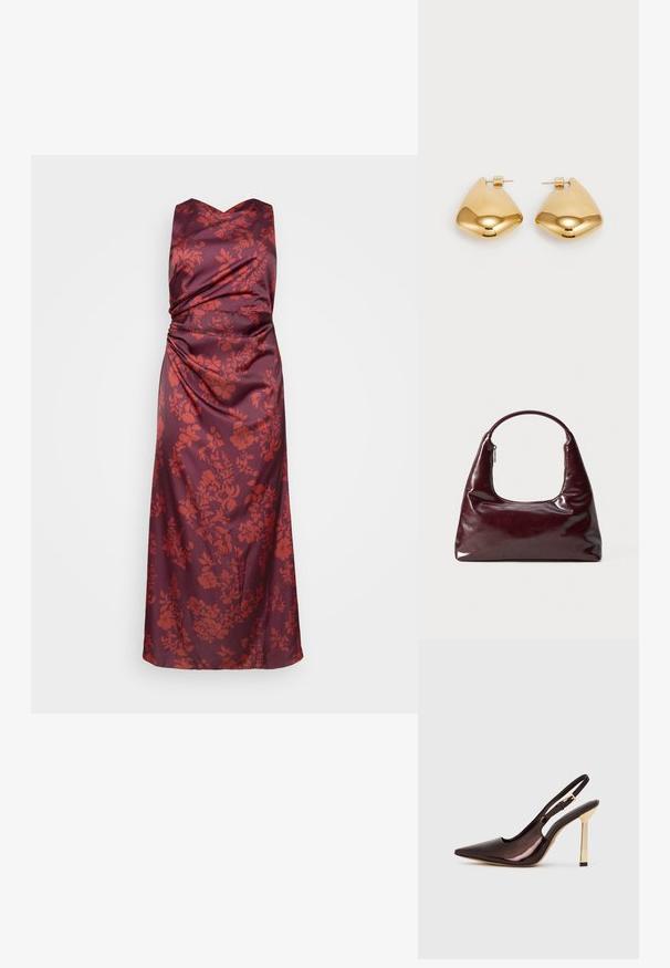 Burgunderfarbendes Satin-Kleid mit V-Ausschnitt und gerafftem Design, das ein florales Muster in Rottönen auf der Vorderseite und eine fließende Silhouette zeigt.; Braune Lackleder Slingback-Pumps mit spitzem Zehenbereich und glänzendem goldenen Metallabsatz vor weißem Hintergrund.; Burgunderfarbene Lederhandtasche mit glänzender Oberfläche, abgerundetem Griff und einer Reißverschlussöffnung an der Oberseite; verfügt über ein elegantes, minimalistisches Design.; Goldfarbene Metallohrringe in einer glatten, abgerundeten dreieckigen Form mit Steckverschluss; reflektierende Oberfläche mit minimaler Detailarbeit.