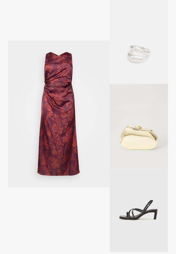 Burgundy satinklänning med v-ringning och insamlingsdesign, med ett blommönster i nyanser av röd på framsidan och en flödande silhuett.; Svart sandaler med remmar och fyrkantig tå samt låg blockklack. Har flera tunna remmar och en justerbar ankelrem. Tillverkad av mjukt läder.; Metallisk guldclutch med en slät, rund form, som har en knappstängning på toppen och ett litet kedjehandtag för bärande.; Silver ring med dubbel band och en slät, polerad yta. Har en flödande, böjd design med överlappande sektioner för en modern stil.