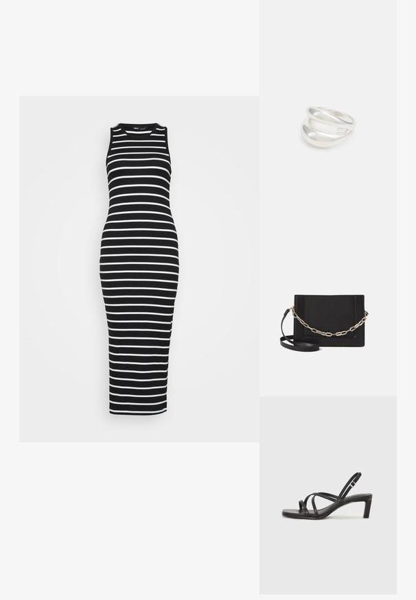 Čierno-biele pruhované bezrukávové midi šaty vyrobené z rebrovanej látky, s priliehavým strihom a okrúhlym výstrihom.; Čierne sandále na vysokom podpätku so štvorcovou špičkou a nízkym blokovým podpätkom. Obsahujú viacero tenkých popruhov a nastaviteľný členkový popruh. Vyrobené z hladkej kože.; Čierna kožená crossbody taška s hladkou textúrou, obdĺžnikovým tvarom a kovovým reťazovým detailom na prednej strane. Súčasťou je nastaviteľný popruh.; Strieborný prsteň s dvojitým pásikom s hladkým, lesklým povrchom. Má plynulý, zakrivený dizajn s prekryvajúcimi sa časťami pre moderný vzhľad.