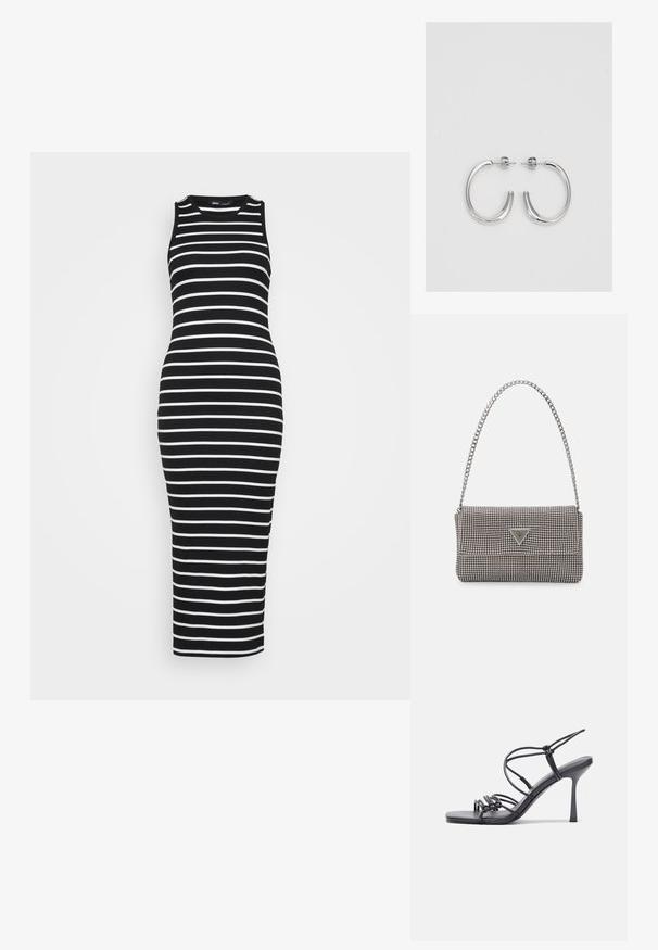 Vestido midi sin mangas a rayas blancas y negras, hecho de material acanalado, con silueta ajustada y escote redondo.; Las sandalias negras de tacón alto presentan finas correas con un diseño anudado, una punta cuadrada suave y un elegante tacón de aguja.; Bolso de mano metálico gris claro con una cadena como asa, adornado con pequeños remaches metálicos circulares y un logotipo de marca en forma triangular.; Aros de plata en forma de aro con un acabado liso y brillante. Diseño redondeado y ligero, con cierre de tipo post-back.