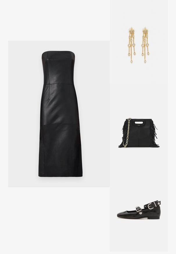 Maje REATHER - Kokteiļkleita/ballīšu kleita - noir; Melnas laika patenta ādas dzīvokļu kurpes ar kvadrātu purngalu, potītes siksna ar sudraba furnitūru un platu zoli. Gluda tekstūra ar minimālu dizainu.; Melna ādas rokassoma ar frizūras detaļām, zelta ķēdes plecu siksnu un izgrieztu rokturi. Ir logotipa novietojums priekšpusē.; Zelta tonī auskari ar vairākiem kaskādes ķēdēm, kas rotāti ar caurspīdīgiem ovāliem rhinestone akcentiem un dekoratīvām pīrsingiem.