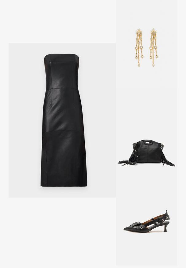 Maje REATHER - Koktel haljina / svečana haljina - noir; Crne kožne cipele s otvorenom petom i šiljastim vrhom, s dekorativnim petljama, niskom kitten petom i dizajnom srezu sa strane.; Maje MISS MINI - Torba preko tijela - noir; Zlatne naušnice s višestrukim kaskadnim lancima, s prozirnim ovalnim cirkonima i dekorativnim šiljcima na vrhu.