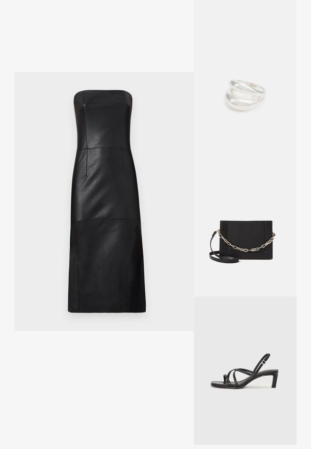 Maje REATHER - Koktel haljina / svečana haljina - noir; Crne sandale s trakama, kvadratnim prstom i niskom blok petom. Ima više tankih trakica i podesivu trakicu oko gležnja. Izrađene su od glatke kože.; Crna kožna torba preko tijela s glatkom teksturom, pravokutnim oblikom i metalnim lancem na prednjoj strani. Uključena je podesiva naramenica.; Srebrna dvostruka prsten s glatkom, poliranom površinom. Karakterizira ga fluidan, zakrivljen dizajn s preklapajućim sekcijama za moderan izgled.