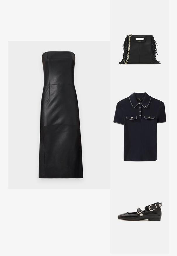 Maje REATHER - Koktélruha / Partiruha - noir; Sötétkék bordázott póló, hegyes gallérral, rövid ujjakkal és két elülső zsebbel, amelyek patentgombokkal záródnak; fehér varrási díszítésekkel kiemelve.; Fekete lakkbőr lapos cipő négyzet alakú orral, ezüst hardware-rel ellátott bokapánttal és lapos talppal. Simaságával és minimalista dizájnjával kiemelkedő.; Fekete bőr kézitáska, frufrus részletekkel, arany láncos vállpánttal és kivágott fogantyúval. Az elülső részen logó található.