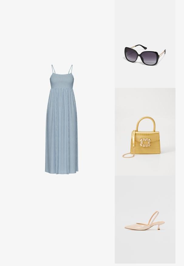 Modra in bela prugasta maksi obleka z tankimi nastavljivimi naramnicami, oprijetim korzetom in nabranim pasom, ki sega do polne, tekoče krila.; Bež čevlji na peto iz patentiranega usnja, s koničastim nosom in ozko kvadratno peto. Gladka tekstura in minimalističen dizajn brez okrasja.; Črne prevelike sončne očala z degradacijskimi lečami, debelimi okvirji in zlatimi verižicami na ročajih.; Rumeno usnjeno-usnje z vzorcem krokodila, s strukturiranim dizajnom, zgornjo ročajem, snemljivo verižico in dekorativnim kristalnim okrasjem na zaponki.