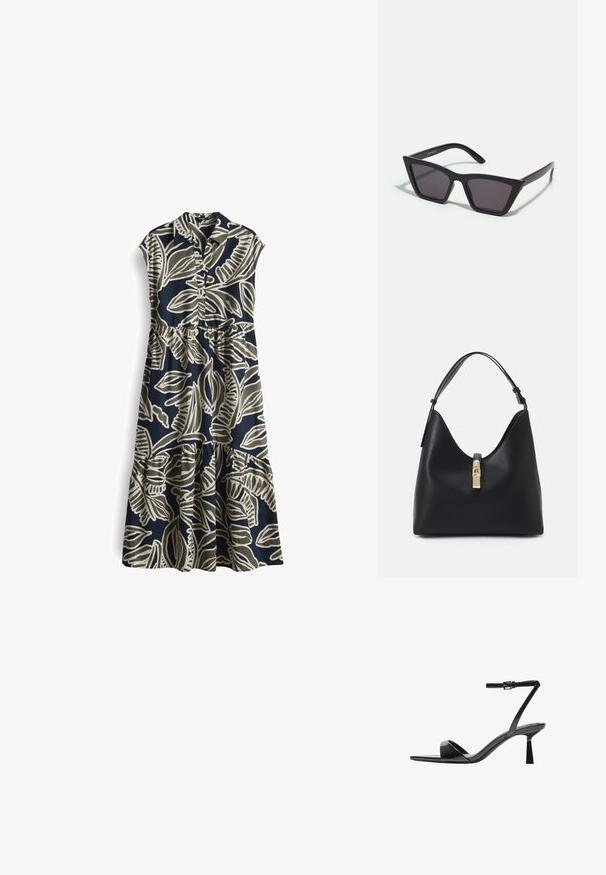 Abito blu navy con maniche corte, dotato di una chiusura con bottoni sul davanti e grandi motivi di foglie color beige chiaro, con gonna a più strati e arricciata.; Bershka Sandali con tacco - black; Occhiali da sole neri e angolari con lenti grigie; realizzati in plastica, con aste spesse dalla superficie liscia e senza hardware visibile.; Borsa a tracolla in pelle nera con una forma arrotondata e sagomata, caratterizzata da una chiusura con lucchetto dorato e una singola tracolla regolabile. Texture liscia.
