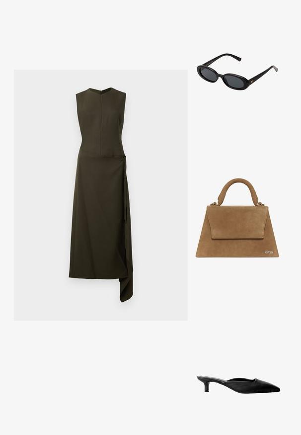 Olívabarna, ujjatlan ruha, testhezálló felső résszel, aszimmetrikus, szellős szegéllyel és oldalsó megkötő részlettel. Simma szövetből készült, amelynek enyhe fényessége van.; Fekete bőr magassarkú mules, hegyes orral, nyitott hátsó résszel és alacsony tömbsarkal. Simább textúra minimális dizájnnal.; Fekete, oversize napszemüveg ovális lencsékkel, sima műanyag kerettel és arany részletekkel a fülpánton. Sötét lencséi védelmet nyújtanak a napfény ellen.; Barna velúr táska, amely struktúrált háromszög alakú, tetején fogantyúval és fedélzárral rendelkezik. Oldalán diszkrét logó részlet található.