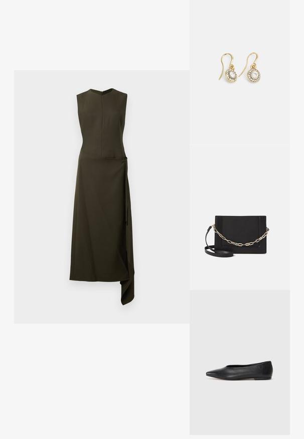 Olivegrünes ärmelloses Kleid mit einem taillierten Oberteil, einem ausladenden asymmetrischen Saum und einer seitlichen Bindeschleife. Hergestellt aus glattem Stoff mit leichtem Glanz.; Schwarze Leder-Balletschuhe, spitze Zehenform, minimalistische Gestaltung, glatte Textur, niedriger Absatz, keine sichtbaren Beschläge oder Verzierungen.; Schwarze Leder-Crossbody-Tasche mit glatter Textur, rechteckiger Form und metallic-kettendetail auf der Vorderseite. Verstellbarer Gurt inklusive.; Goldfarbene Ohrringe mit ovalen klaren Kristallen, die von kleineren klaren Steinen umgeben sind, und einem Haken-Design für sicheren Halt.