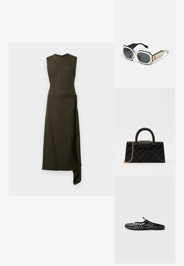 Alyvuogių žalios spalvos be rankovių suknelė su prigludusia liemene, išsiplėtusiu asimetriniu apvadu ir šoniniu rišimu. Pagaminta iš lygaus audinio su lengvu blizgesiu.; Tory Burch MELLOW MARY JANE - Pantoletai - perfect black/gold; Akiniai nuo saulės su aštuonkampiu baltu rėmu, juodais kraštais ir pilkais lęšiais. Aukso logo detalė šone suteikia išskirtinį akcentą.; Juodas rankinės pagamintas iš struktūrizuotos odos, su deimanto raštu, auksinės spalvos grandinėle, viršutine rankena ir logotipu išsiskiriančiu užtrauktuku.