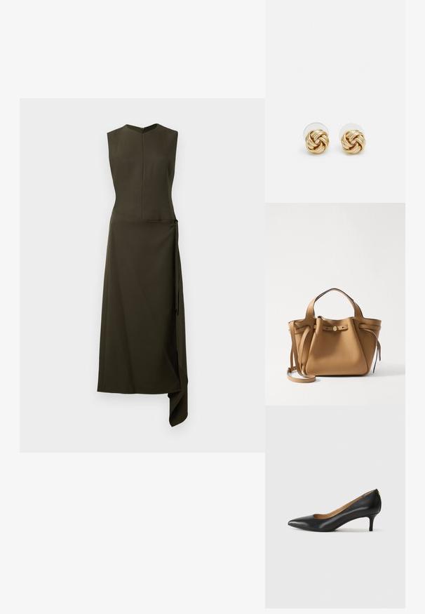 Olivi vihreä ilman hihoja oleva mekko, jossa on tiivis bodice, liehuva epäsymmetrinen helma ja sivusolmukohta. Valmistettu sileästä kankaasta, jossa on hieman kiiltoa.; Mustat nahka-korkokengät, joissa on terävä kärki, matala korko ja sileä pinta. Edessä on pieni aukko ja takana minimaalinen varustus.; Tory Burch ROMY PEBBLED SATCHEL - Käsilaukku - tiramisu; Kultaketjut korvakorut, joissa on kierretystä muotoilusta valmistettu solmu. Jokaisessa korvassa on pyöreä, kirkas tausta varman käyttömukavuuden takaamiseksi.