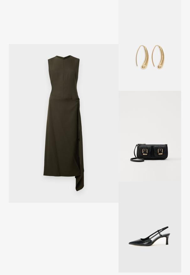 Olive zaļš bez piedurknēm kleita ar pieguļošu augšdaļu, platu asimetrisku apakšmalu un sānu sasiešanas detaļu. Izgatavota no gluda auduma ar nelielu spīdumu.; Melna patent āda ar slīdošo papēdi un smailo purngalu, ar teksturētu čūsku drukājumu, regulējamu siksniņu un īsu teksturētu blokpapēdi.; Melnas ādas crossbody soma ar divām priekšējām kabatām, zelta sprādzēm, ar rāvējslēdzēju aizdari un šauru siksnu. Strukturēta virsma un kompakta taisnstūra forma.; Zelta toņu metāla gredzena auskari ar izliektu, pagarinātu formu. Ar gludu, spīdīgu virsma un noapaļotu galu papildu detaļām.