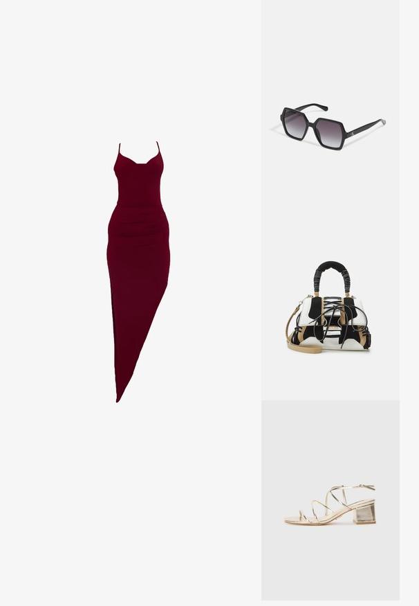 Rochie ajustată burgundă cu bretele subțiri, având o deschidere pe lateral și detalii pliate la talie, realizată dintr-un material elastic.; Sandale metalice aurii cu barete, cu toc pătrat bloc și vârf deschis. Prezintă barete subțiri și o bandă la glezna spate pentru ajustare.; Ochelari de soare hexagonali negri cu lentile graduat, având o finisare lucioasă și o marcă subtilă pe braț. Construcție din plastic durabil.; Geantă multicolor cu plasă neagră, albă și bej. Dispune de o mânere texturate, design cu șireturi și curea de umăr detașabilă.