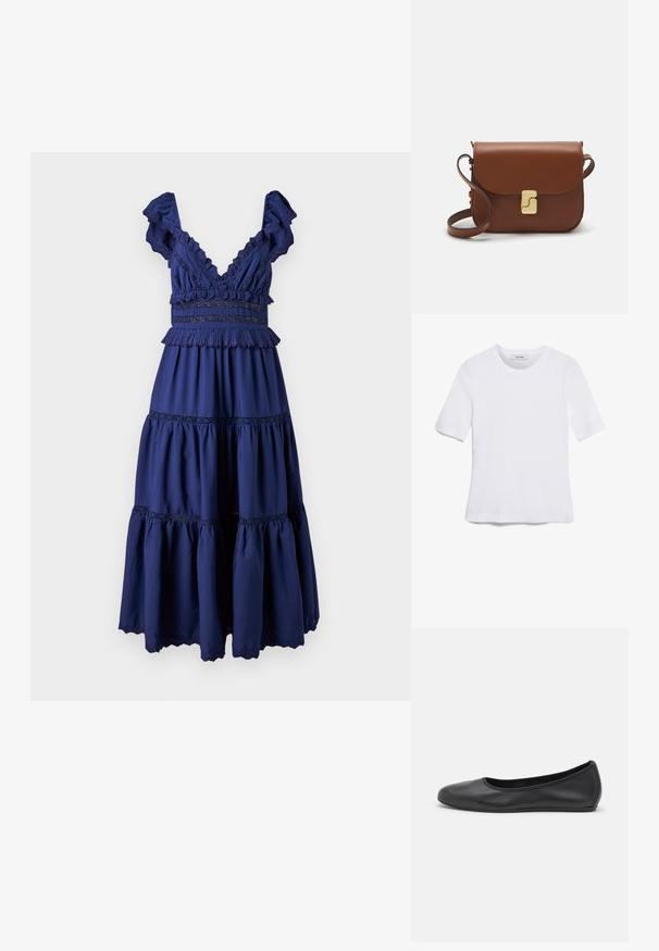 Navy blue dress with a deep V-neck, ruffled sleeves, and tiered skirt. Features lace trim and a fitted bodice with frill accents.; White short-sleeve t-shirt made of ribbed fabric. Round neckline, regular fit, and subtle stitching details. No patterns or graphics.; Black leather ballet flat with a rounded toe, smooth texture, minimal stitching detail, and a flexible sole design.; Brown leather handbag with a flap closure, gold-tone hardware, a shoulder strap, and a smooth texture. Compact rectangular shape.