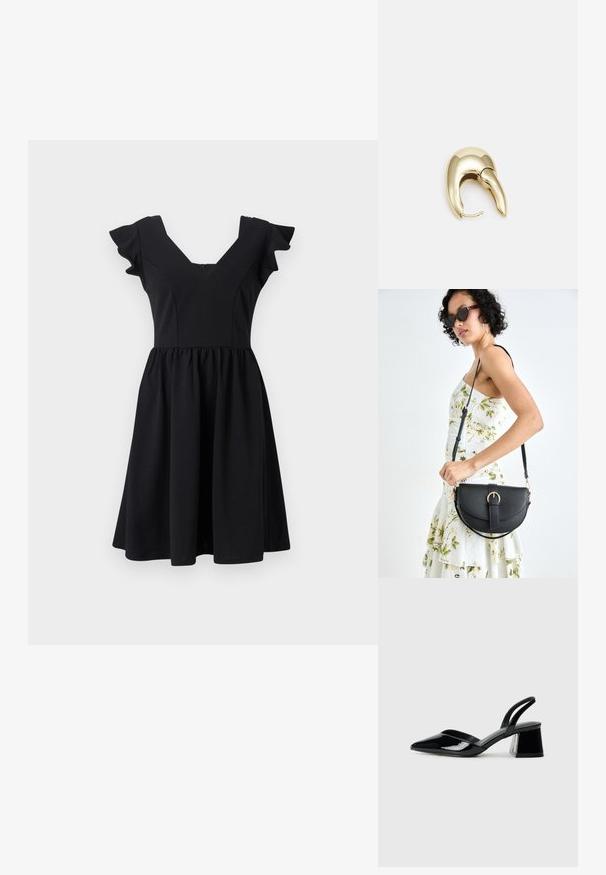 Svart klänning med en åtsittande bodice och utställd kjol. Har korta volangärmar och en V-ringning. Tillverkad av slätt tyg.; Svarta lackläder slingback klackar med spetsig tå och geometrisk klack. Har en elegant, minimalistisk design och slät yta.; Svart läderhandväska med en böjd form, avtagbar rem och guldiga detaljer. Väskan har ett lock med en spänndetalj.; Örhänge i guldtonad metall med en elegant, böjd design. Har en distinkt spetsig form, polerad yta och gångjärnslås.