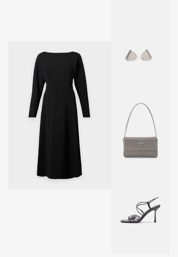 Melnas ilgas piedurknes kleita, izgatavota no gludas auduma, ar laivu formas izgriezumu, pieguļošu jostasvietu un plūstošu svārku, kas stiepjas līdz pusliekam.; Melnas augstpapēžu sandales ar plāniem siksniņām un mezgla dizainu, gluda kvadrātveida purngalu un elegantu stiletto papēdi.; Gaiši pelēka metāla rokassoma ar ķēdes siksnu, rotāta ar mazām apaļām metāla kniedēm un trīsstūra zīmola logo.; Sudraba metāla auskari ar gludu, asarveida formu un pulētu apdari. Smalkas gravējumi pievieno detalizāciju. Minimālisma dizains.