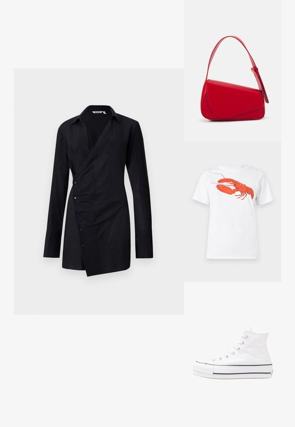 Camisa preta de mangas longas em tecido leve, com design enrolado, botões frontais e gola pontuda. Textura suave com um brilho subtil.; Camiseta de algodão branca com um grande gráfico de lagosta vermelha brilhante na frente. Mangas curtas e design de gola redonda padrão.; Sapatilha alta de tela branca com sola de borracha preta, bico de borracha na frente e seis ilhós para os atacadores, apresentando um design limpo e minimalista.; Bolsa de mão em couro vermelho com um design angular e geométrico. Apresenta uma única alça ajustável e um fecho com aba, com detalhes cosidos.