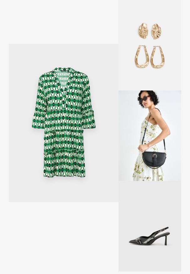 Grünes gemustertes Kleid mit V-Ausschnitt, dreiviertellangen Ärmeln, geschichteten Rüschen und geometrischem Blattdesign in verschiedenen Grüntönen und Schwarz.; Schwarzer Lackleder Slingback-Schuh mit spitzem Zehenbereich, Knöchelriemen mit silbernen Schnallen und Beschlägen sowie einem schlanken Absatz.; Schwarze Lederhandtasche mit geschwungener Form, abnehmbarem Tragegurt und goldenen Beschlägen. Die Tasche verfügt über einen Deckel mit einer Schnallen-Details.; Ohrringe in Goldoptik mit strukturierten, gewellten Formen. Beinhaltet skulpturale Clip-Ohrringe und ein offenes Hoop-Design mit gehämmertem Finish.