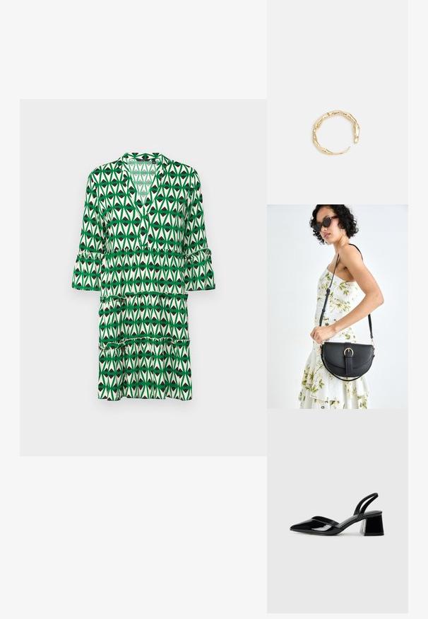 Grönmönstrad klänning med V-urringning, trekvartslånga ärmar, lager av volanger och geometrisk lövdesign i varierande nyanser av grönt och svart.; Svarta lackläder slingback klackar med spetsig tå och geometrisk klack. Har en elegant, minimalistisk design och slät yta.; Svart läderhandväska med en böjd form, avtagbar rem och guldiga detaljer. Väskan har ett lock med en spänndetalj.; Ring i guldutförande med en organisk, vriden design, slät yta och avsmalnande ändar, vilket ger ett modernt, skulpturalt utseende.