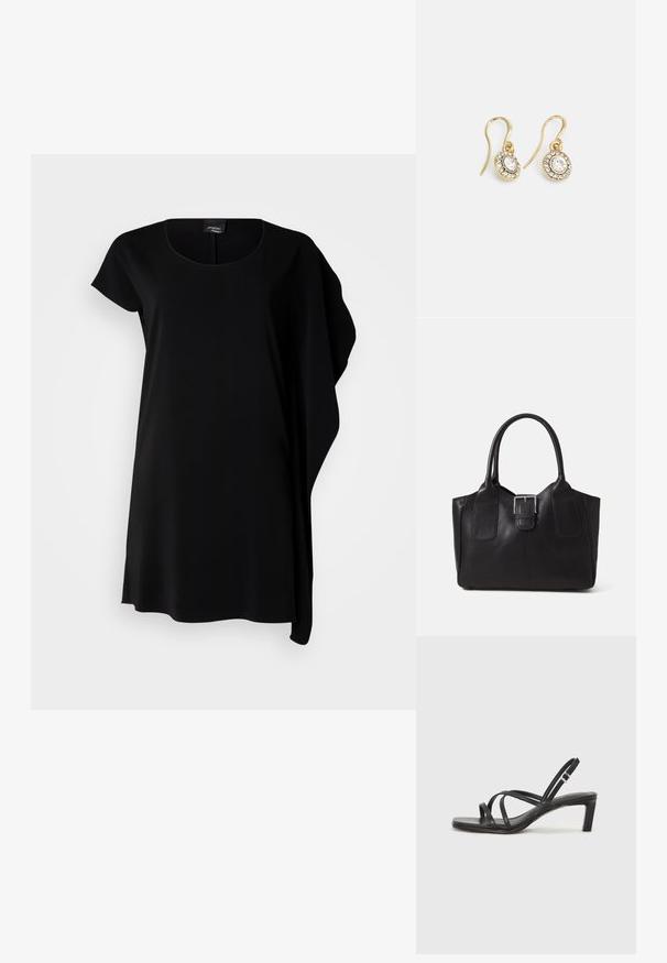 Melnas īsām piedurknēm kleita, ar noapaļotu kakla izgriezumu, plūstošu dizainu, mīkstu audumu, asimetrisku apakšmalu un minimālistisku stilu.; Melnas strappy sandales ar kvadrātveida purngaliem un zemu bloku papēdi. Ievērojamas ar vairākiem plāniem siksniņām un regulējamu potītes siksniņu. Izgatavotas no gludas ādas.; Melnas ādas somiņa ar gludu tekstūru, strukturētu formu, divām rokturām un izteiktu sudraba sprādzi priekšpusē.; Zelta tonī veidotas auskaru piekariņi ar ovālu izgriezumu caurspīdīgām kristālēm, kuras ieskauj mazākas caurspīdīgas akmeņu daļiņas, ar āķveida dizainu drošai valkāšanai.