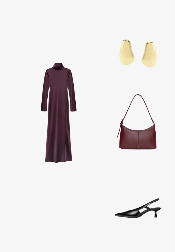 Langärmliges, Rollkragenkleid in tiefem Burgunderrot, aus glattem Stoff. Verfügt über eine gerade Silhouette und reicht bis zur Mitte der Waden. Keine sichtbaren Muster.; Schwarzer Lackleder-Slingback-Schuh mit spitzem Zeh, Auschnittdetail und kurzem Blockabsatz. Glatte Textur und minimalistische Akzente.; Bordeauxfarbene Ledertasche mit geschwungener Form, einem einzigen Schulterriemen und gesteppten Details in der Mitte. Glatte Textur, minimales Zubehör.; Asymmetrische, glatte, glänzende goldene Steckerohrringe mit unregelmäßigen, abgerundeten Formen auf einem weißen Hintergrund.