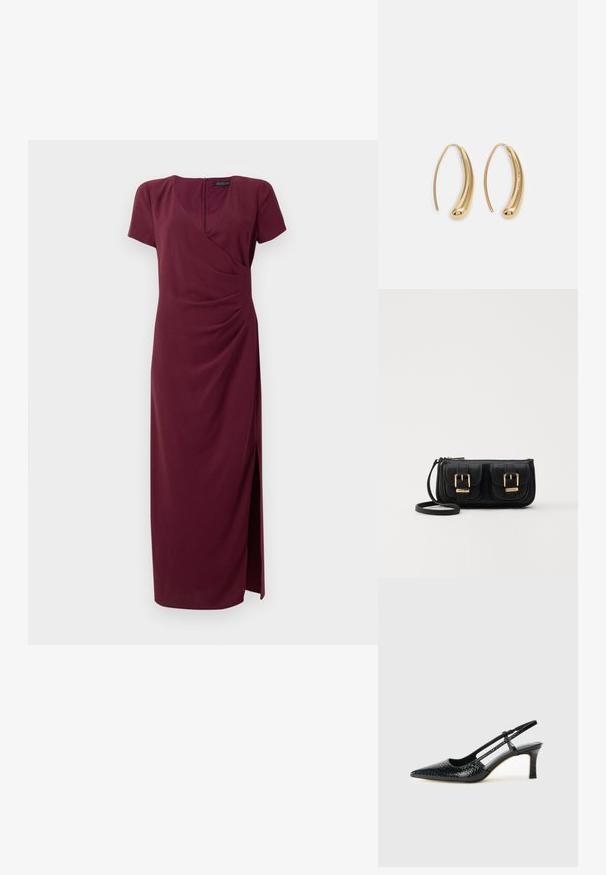 Bordo maxi suknelė iš tekstūruotos medžiagos, su įvyniojimo dizainu, trumpomis rankovėmis, priekinėmis skeltinėmis ir užpakaline užtrauktuko uždarymo sistema.; Juodai lakuoti slingback aukštakulniai su smailiu nosiu, su tekstūruotu gyvatės raštu, reguliuojama juosta ir trumpu, tekstūruotu blokiniu kulnu.; Juodas odinis per petį nešiojamas krepšys su dviem priekiniais kišenėmis, auksiniais sagtimis, užtrauktuko uždarymu ir siauromis petnešomis. Textūruota paviršius ir kompaktiškas stačiakampis formatas.; Auksinės metalinės auskarų kabės su lenktą, pailgą forma. Turi lygų, blizgantį paviršių ir užapvalintą galiuką papildomam akcentui.