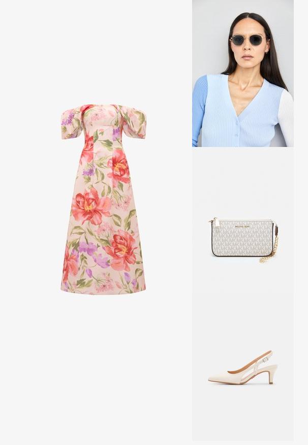 Długa, kwiecista sukienka z dużymi różowymi i czerwonymi kwiatami oraz zielonymi liśćmi. Projekt z odkrytymi ramionami i rękawami w kształcie balonu dodaje romantycznego charakteru.; Biała szpilka slingback z ostrym noskiem, gładkim materiałem wierzchnim, niskim obcasem blokowym oraz wycięciami po bokach i regulowanym paskiem z klamrą.; Okrągłe okulary przeciwsłoneczne z ciemnymi soczewkami i złotymi ramkami. Modelka nosi jasnoniebieski kardigan w prążki z guzikami i białymi rękawami w kontrastowym kolorze.; Portfel na nadgarstek marki Michael Kors w beżowej, pokrytej płótnem, z powtarzającym się wzorem logo MK, złotym okuciem i odpinanym łańcuszkowym paskiem.