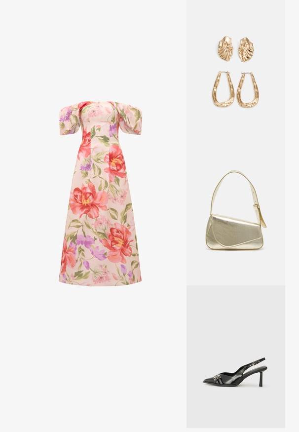 Lange, bloemenjurk met grote roze en rode bloemen en groene bladeren. Het off-shoulder ontwerp en de ballonmouwen geven een romantische uitstraling.; Zwarte gepolijste leren slingback schoenen met een puntige neus, enkelbandjes met zilveren gespen en hardware, en een slanke hak.; Gouden metallic handtas met een gestructureerd ontwerp, gladde textuur en verstelbare schouderband. Kenmerkt zich door een unieke driehoekige vorm en minimalistische stiksels.; Gouden oorbellen met een getextureerd, golvend ontwerp. Bevat sculpturale clip-on studs en een open ringontwerp met een gehamerd oppervlak.