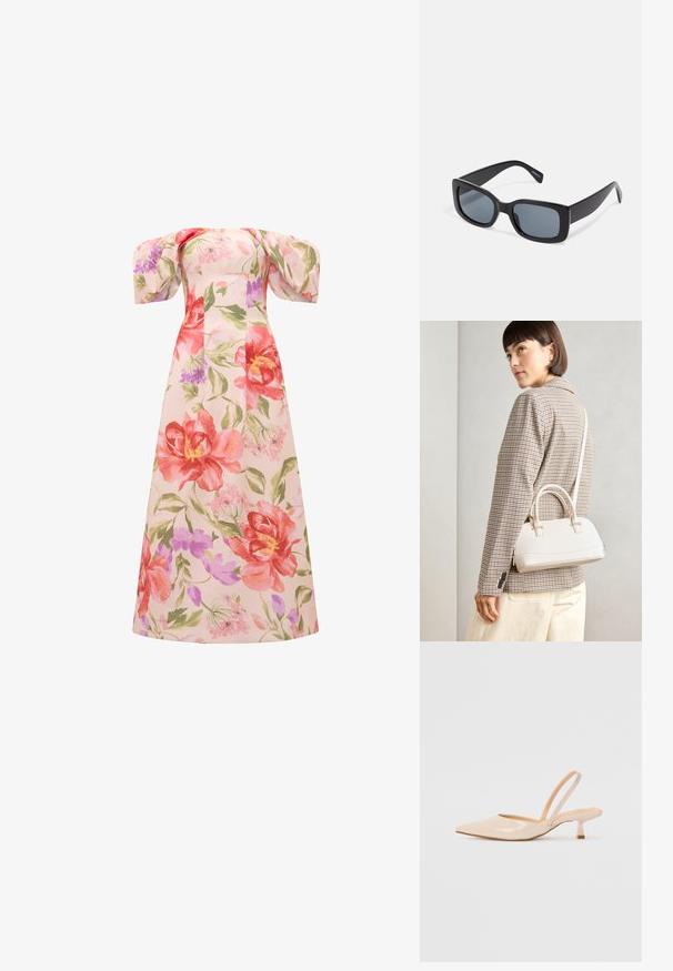 Long, floral dress featuring large pink and red flowers with green leaves. The off-shoulder design and balloon sleeves add a romantic touch.; Beige patent leather slingback heels with pointed toe and a slim, square heel. Smooth texture and minimalist design with no embellishments.; Black rectangular sunglasses with dark tinted lenses, thick plastic frame, and wide temples. Smooth surface and angular design.; White structured handbag with short handles and a shoulder strap, featuring gold hardware accents and textured material, displayed against a grey background.